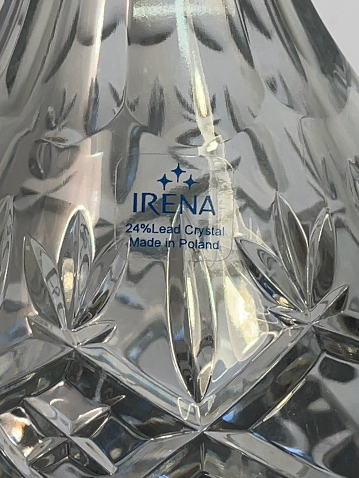 Close-up of Irena 24 percent lead crystal maker mark