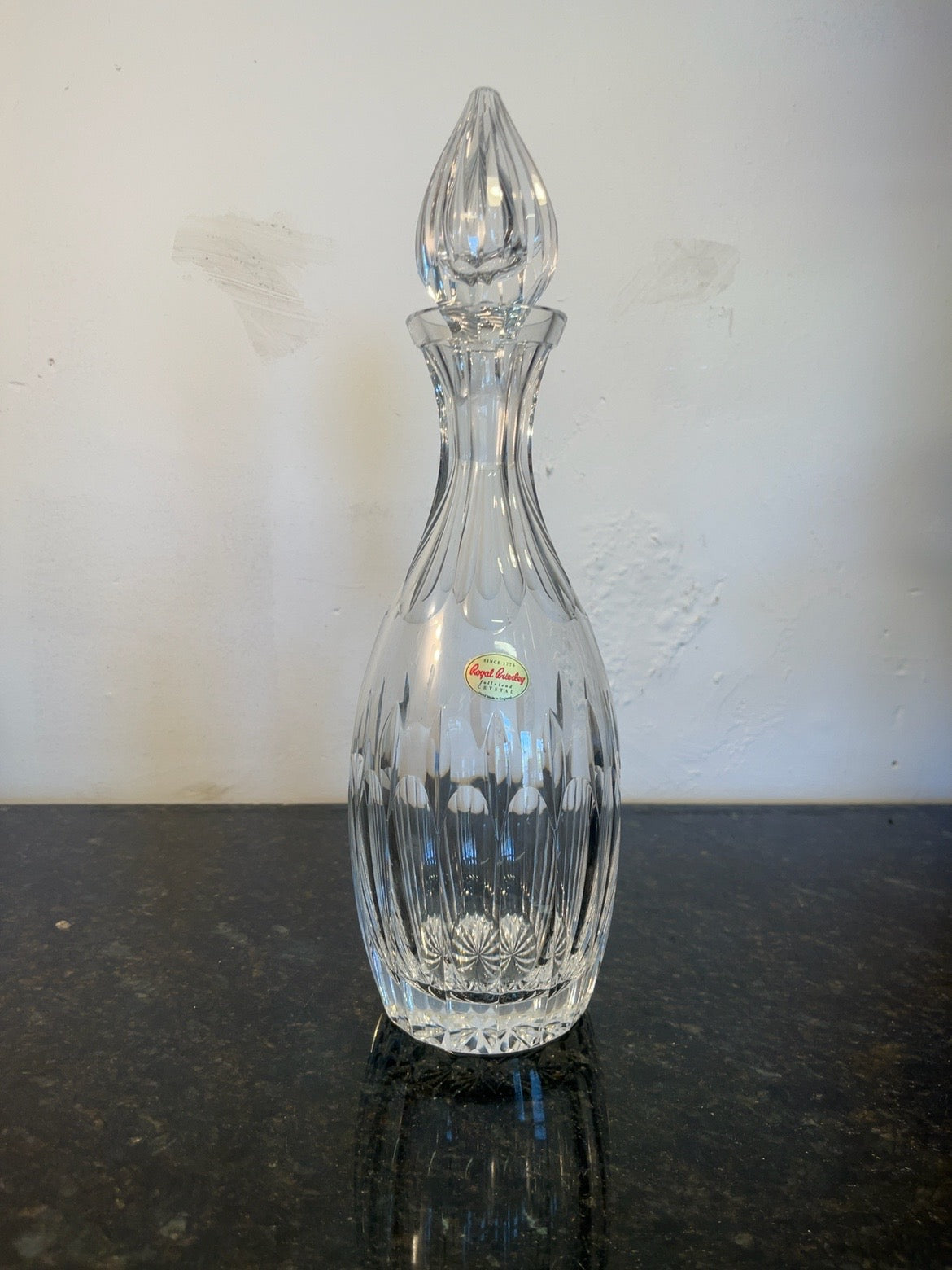 Royal Brierley full lead crystal decanter with matching stopper, full front view