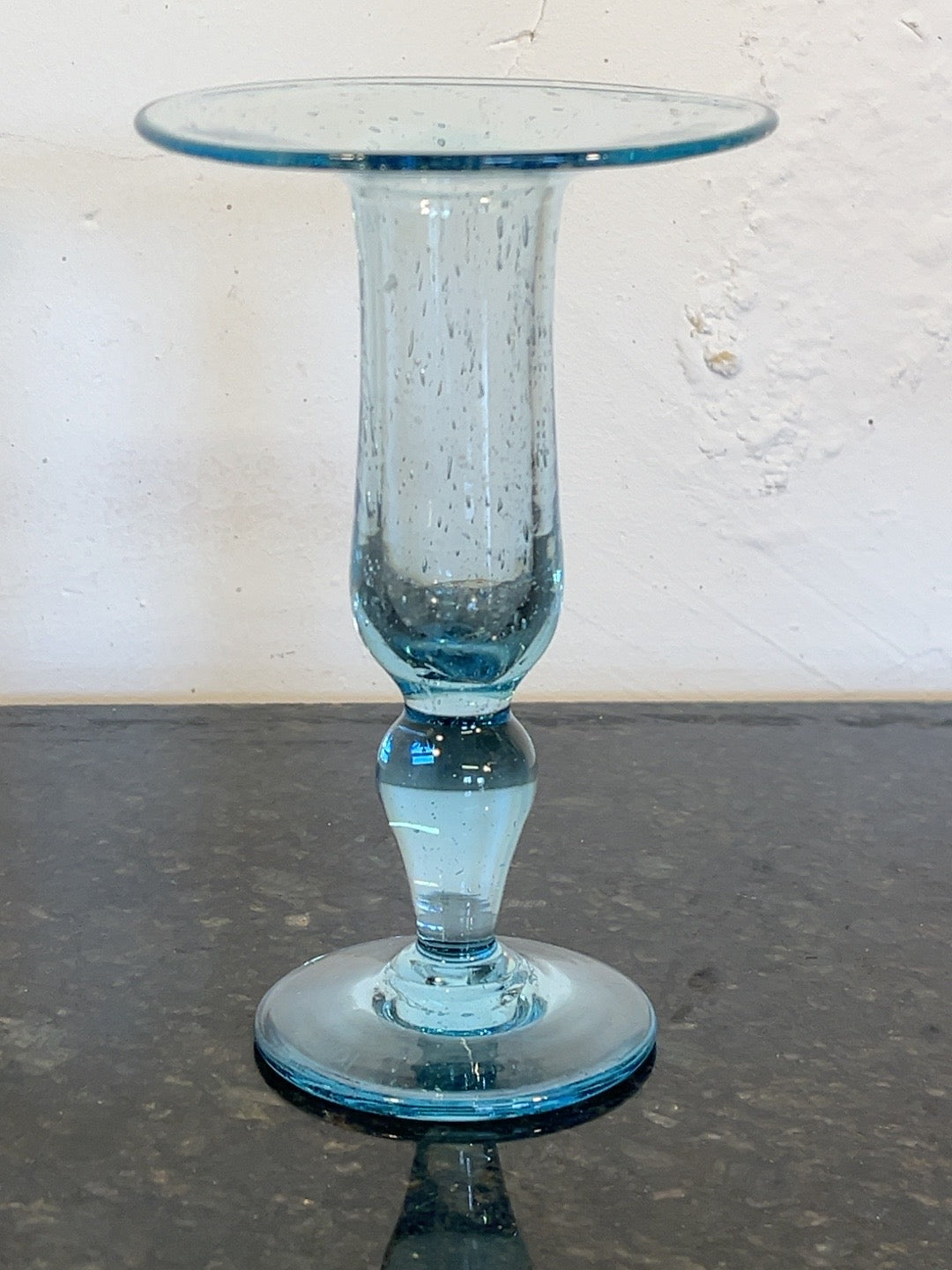 Original signed Biot pale blue bubble glass candlestick, front