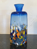 Full view of the blue square hand blown glass vase with colourful confetti inclusions