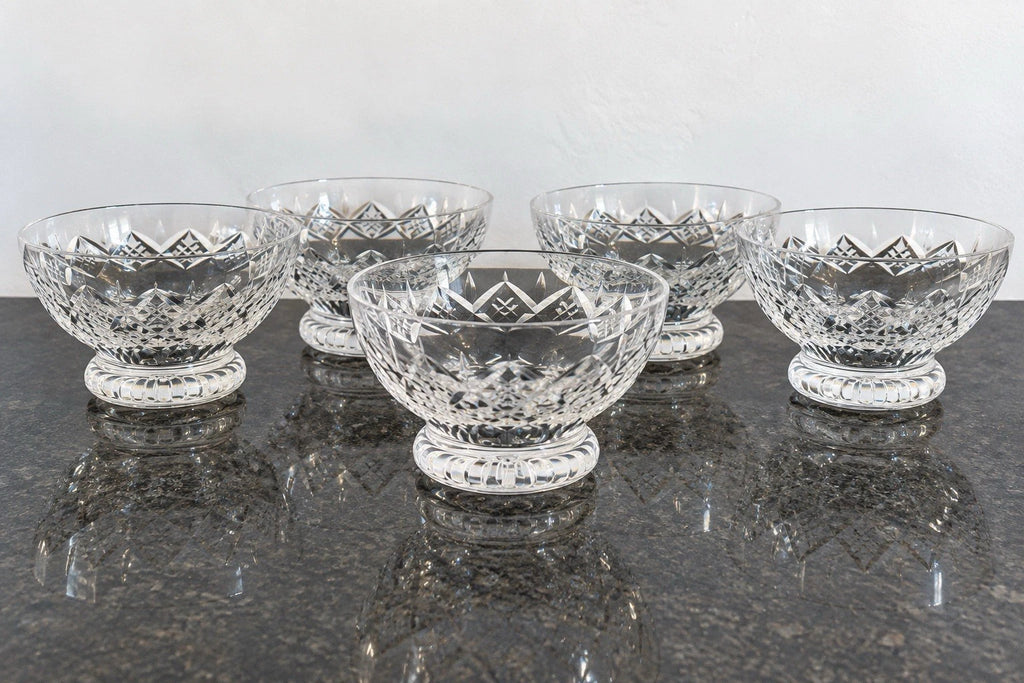 Set of five Stuart Crystal Carlingford cut glass footed dessert bowls, shown together