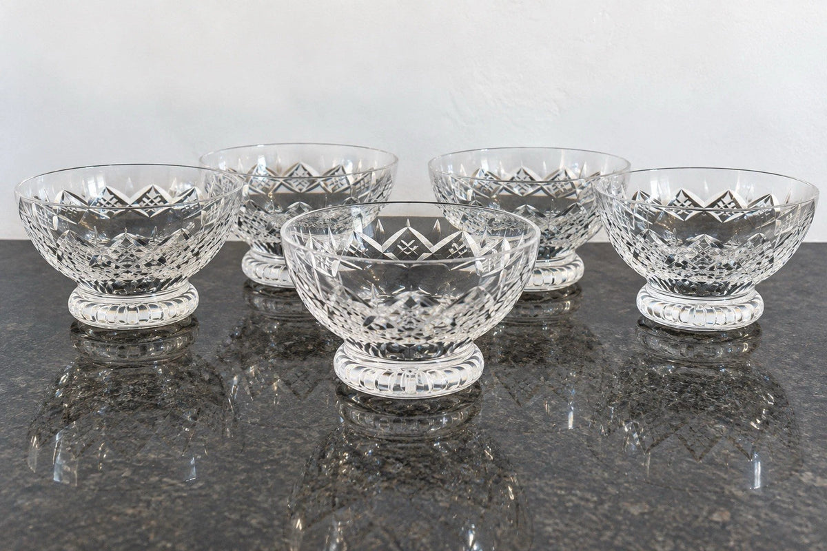 Set of five Stuart Crystal Carlingford cut glass footed dessert bowls, shown together