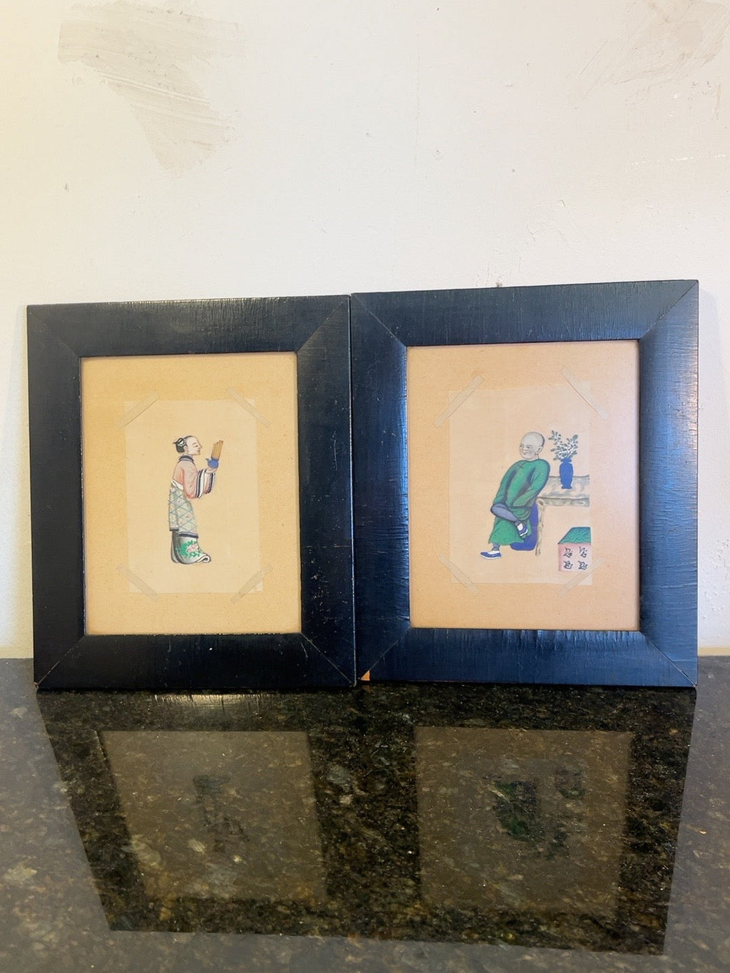 Original pair of Chinese figure pith paintings in black frames