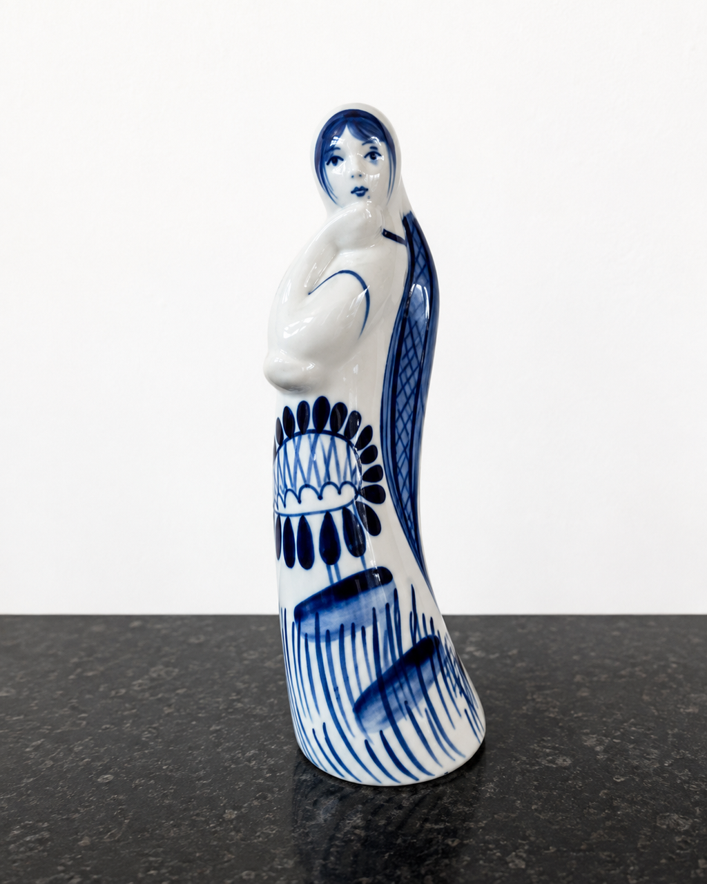 Gzhel Russian Porcelain Figurine USSR Cobalt Blue Folk Art Lady