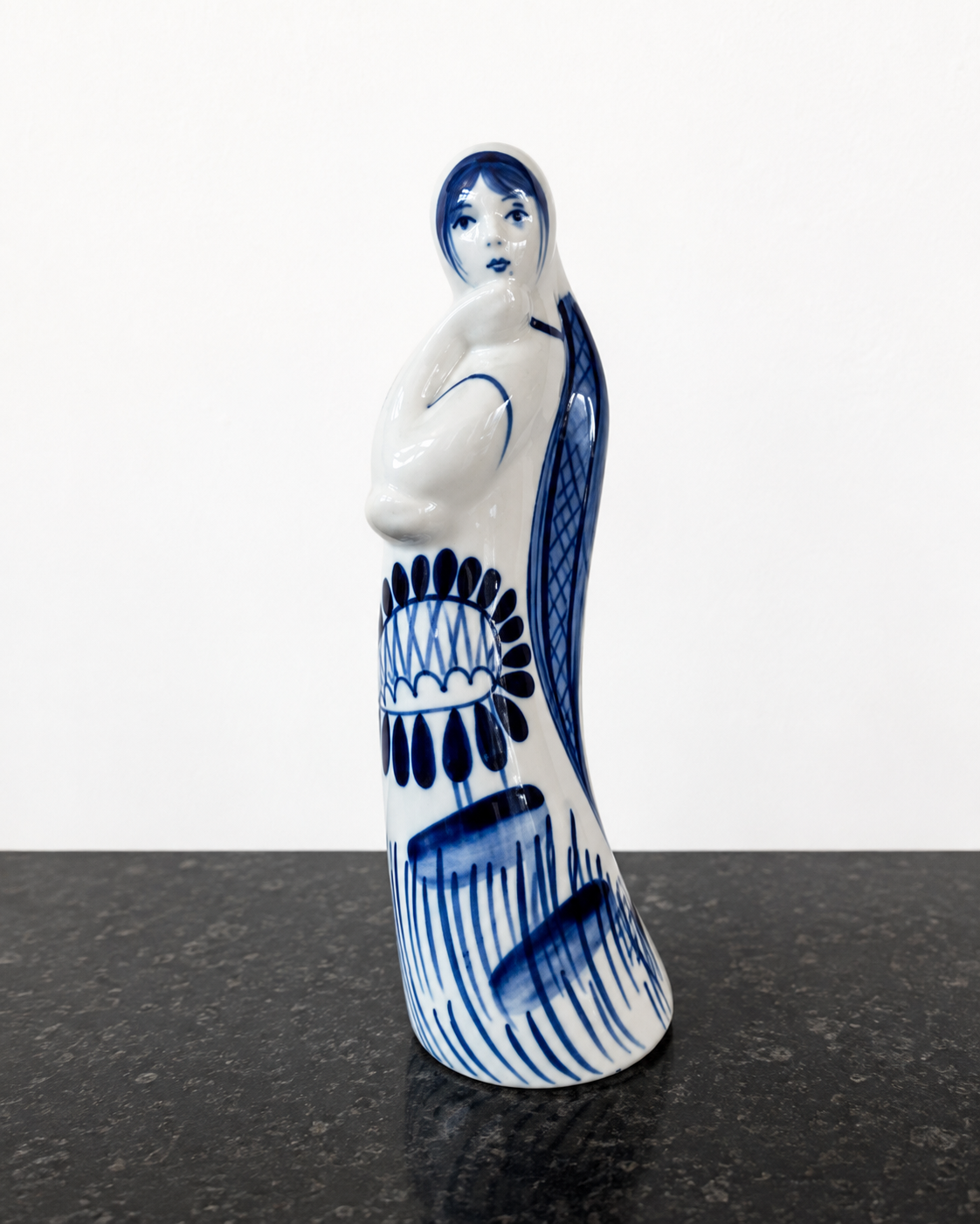 Gzhel Russian Porcelain Figurine USSR Cobalt Blue Folk Art Lady