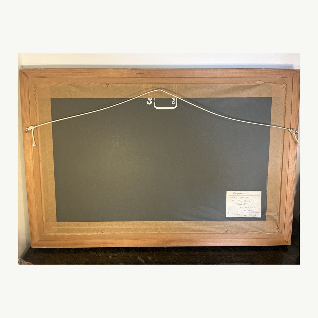 Original rear of framed Claude Horsfall Clapham landscape painting with handwritten label