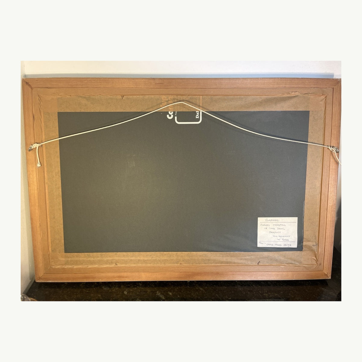 Original rear of framed Claude Horsfall Clapham landscape painting with handwritten label