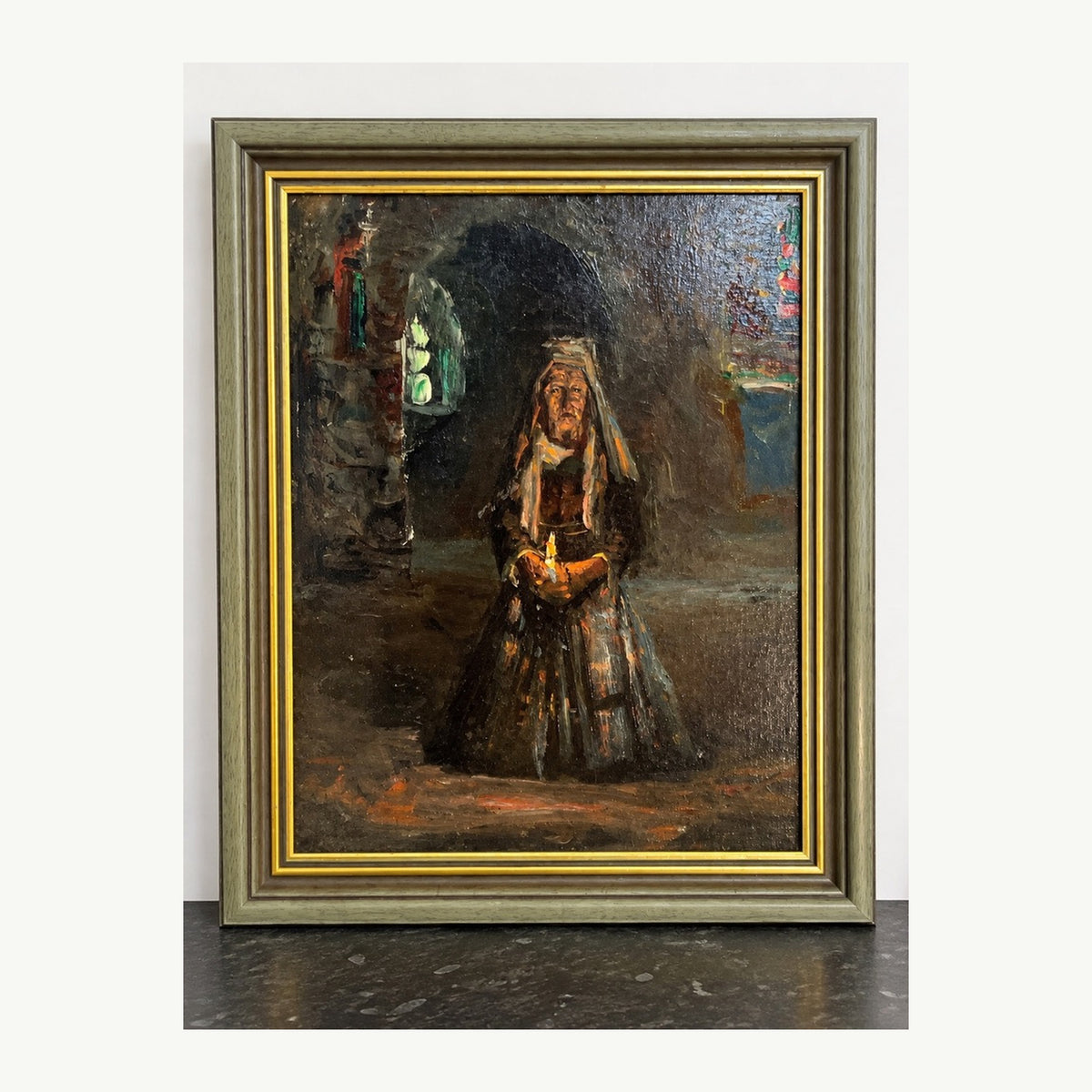 Original framed oil painting of a candle-holding nun, full front view