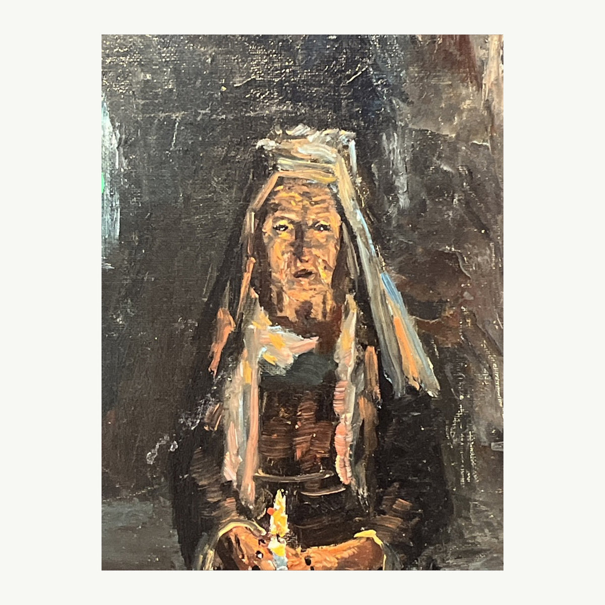 Detail of nun face in original candlelit oil painting