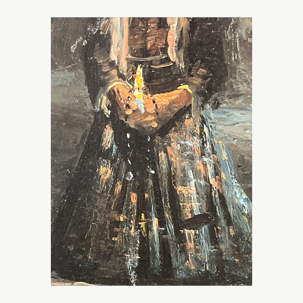 Detail of lit candle and hands in original oil painting