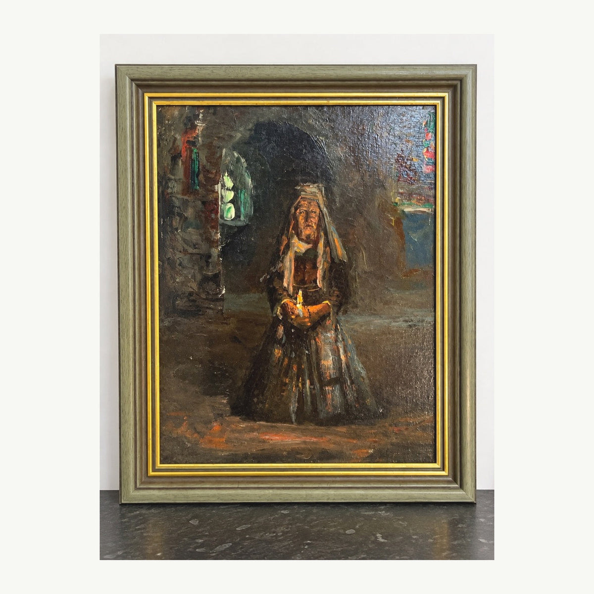Framed oil painting Nun with Candle, gently lifted shadows of the original photograph