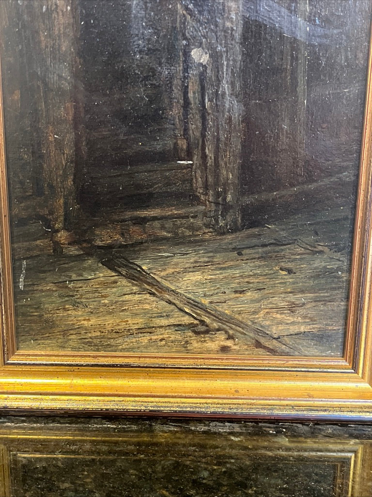 Lower corner of painting showing frame and original brushwork