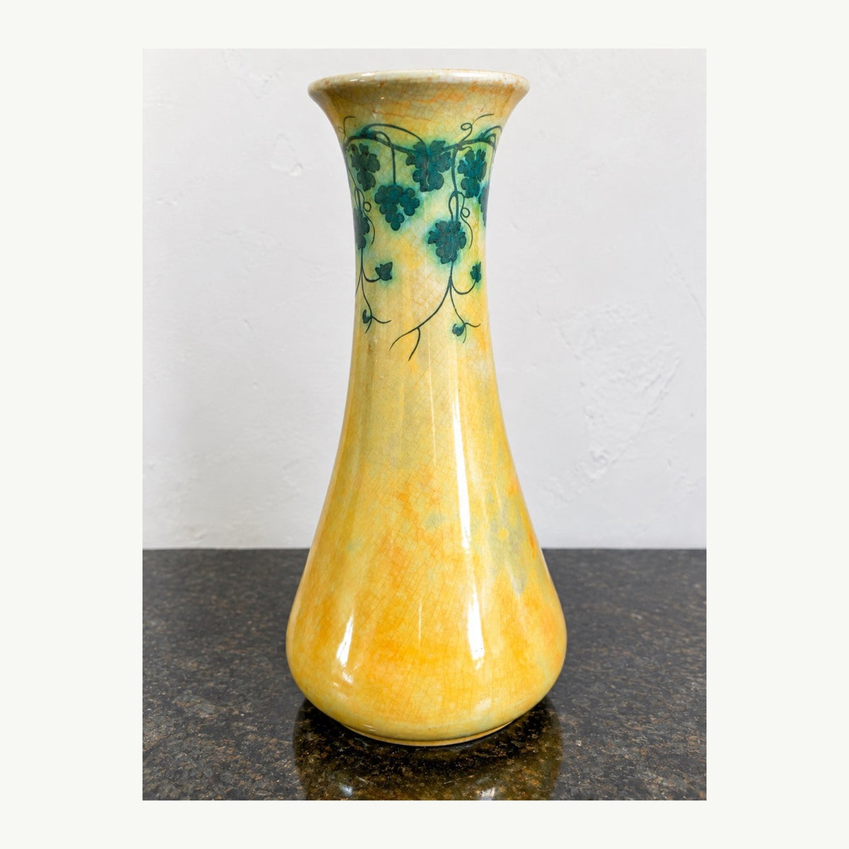 Original Ruskin Pottery 1909 yellow lustre vase with green grapevine design