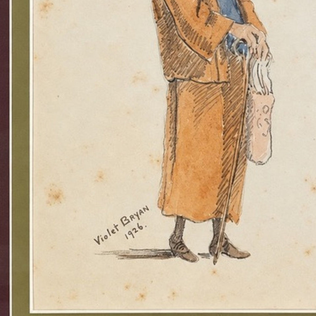 Original Violet Bryant drawing close-up showing signature, date and foxing