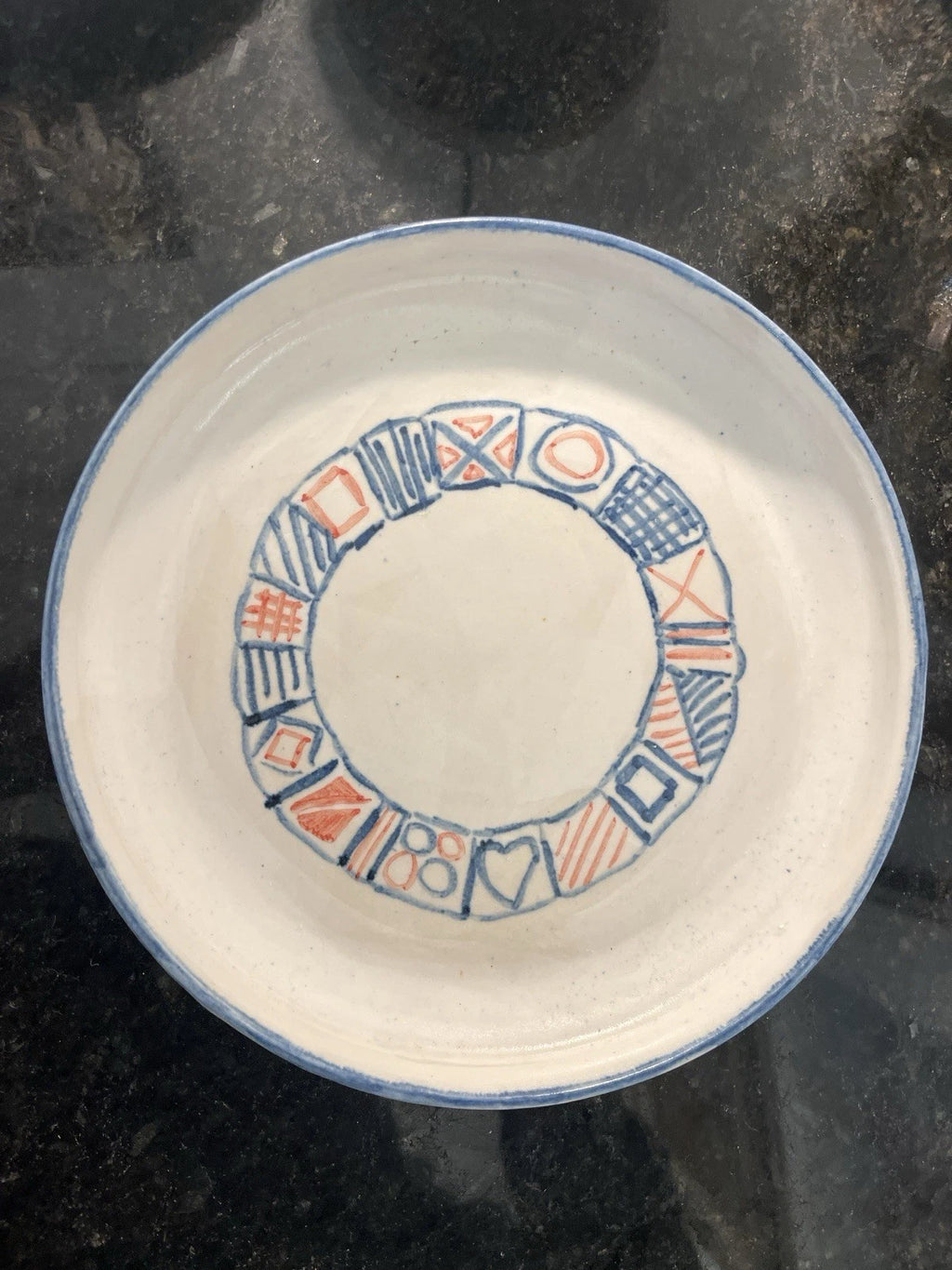 Blue and red geometric studio pottery tableware, alternate view