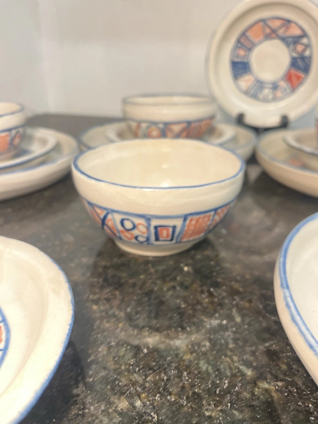 Studio pottery tableware set, bowl and plate detail