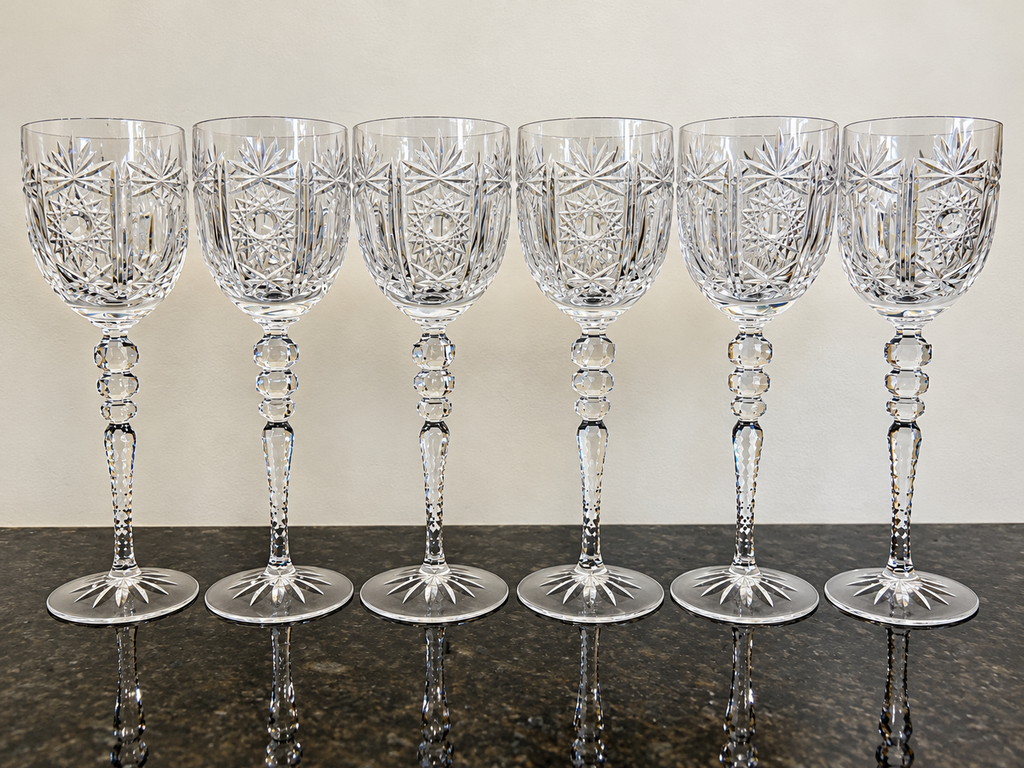 Enhanced full-set photograph of six tall hand-cut crystal hock goblets on dark stone