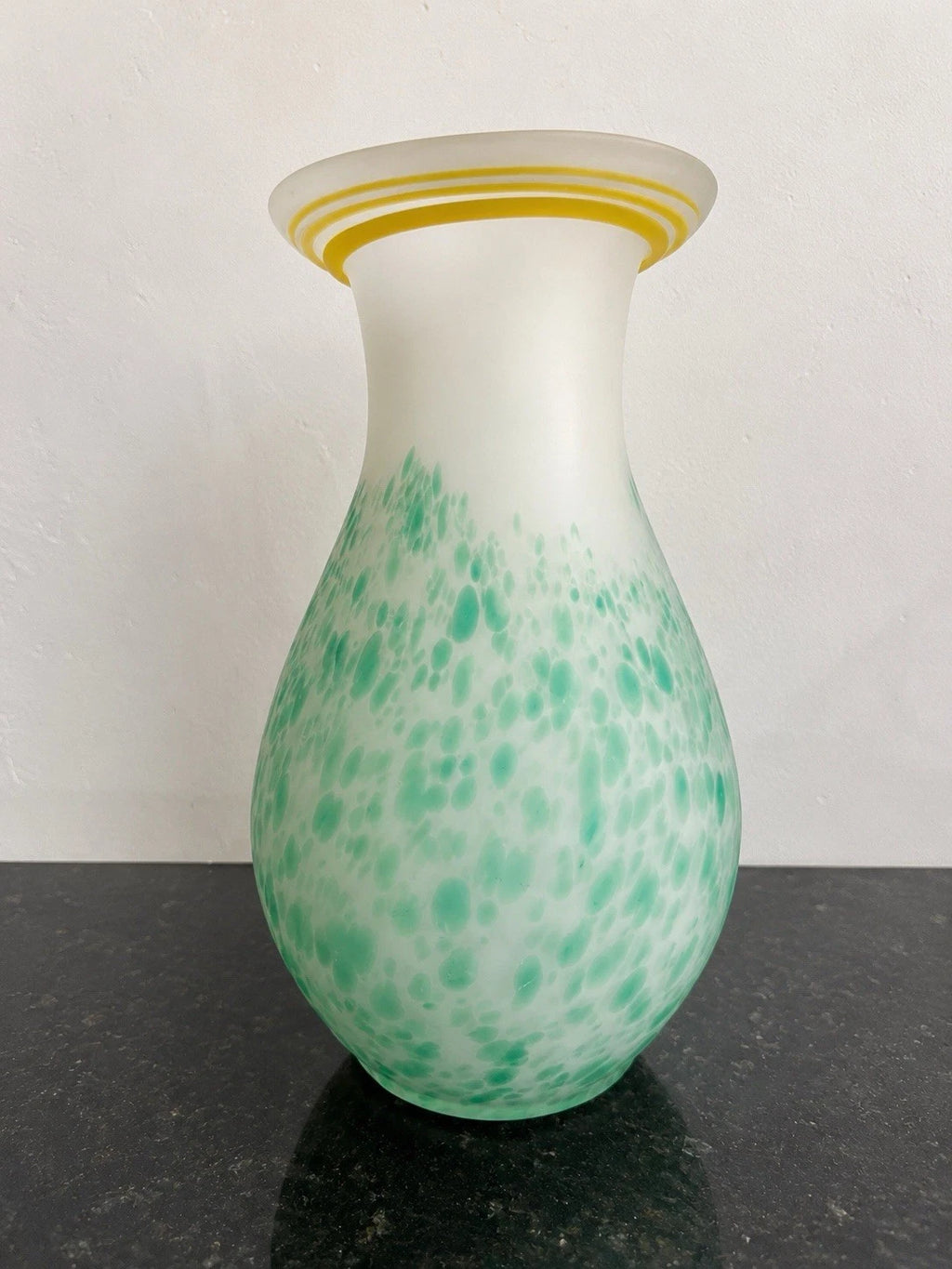 Full view of Polish art glass vase 3796 with green mottling and yellow rim