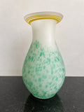 Full view of Polish art glass vase 3796 with green mottling and yellow rim