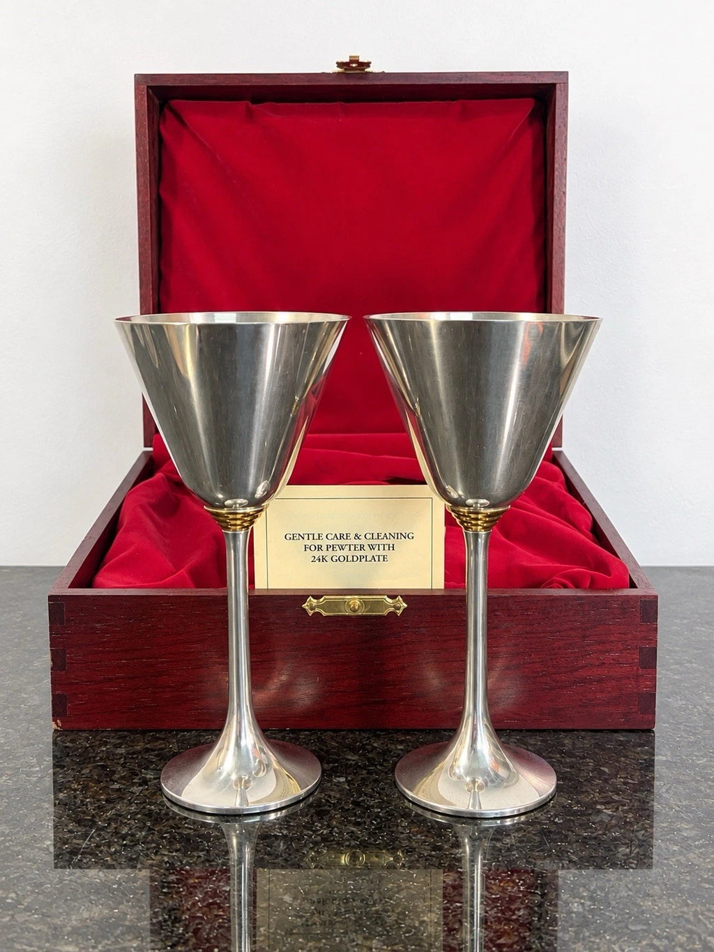 Royal Selangor pewter goblets with 24K gold plate, pair in fitted box