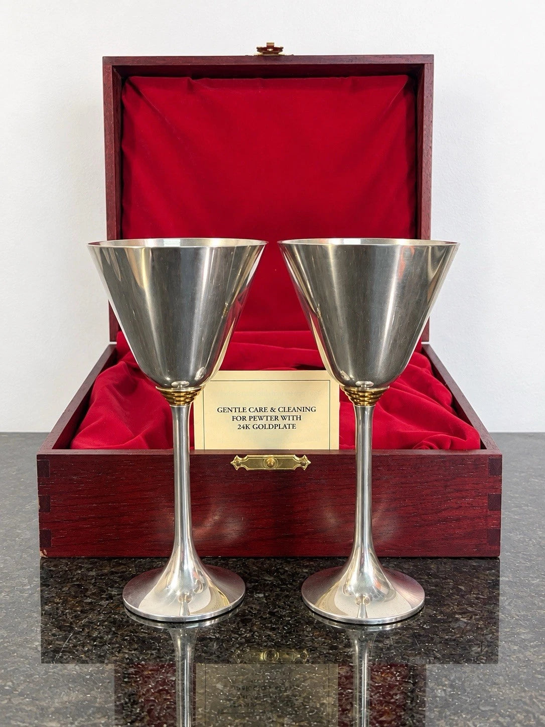 Royal Selangor pewter goblets with 24K gold plate, pair in fitted box