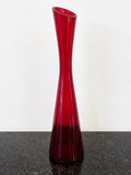 Full view of the tall signed ruby red art glass vase