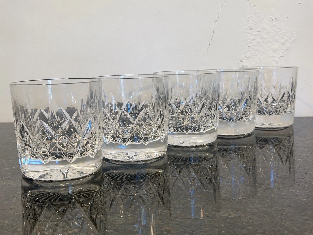 Set of five signed Stuart Crystal cut whisky tumblers, full view