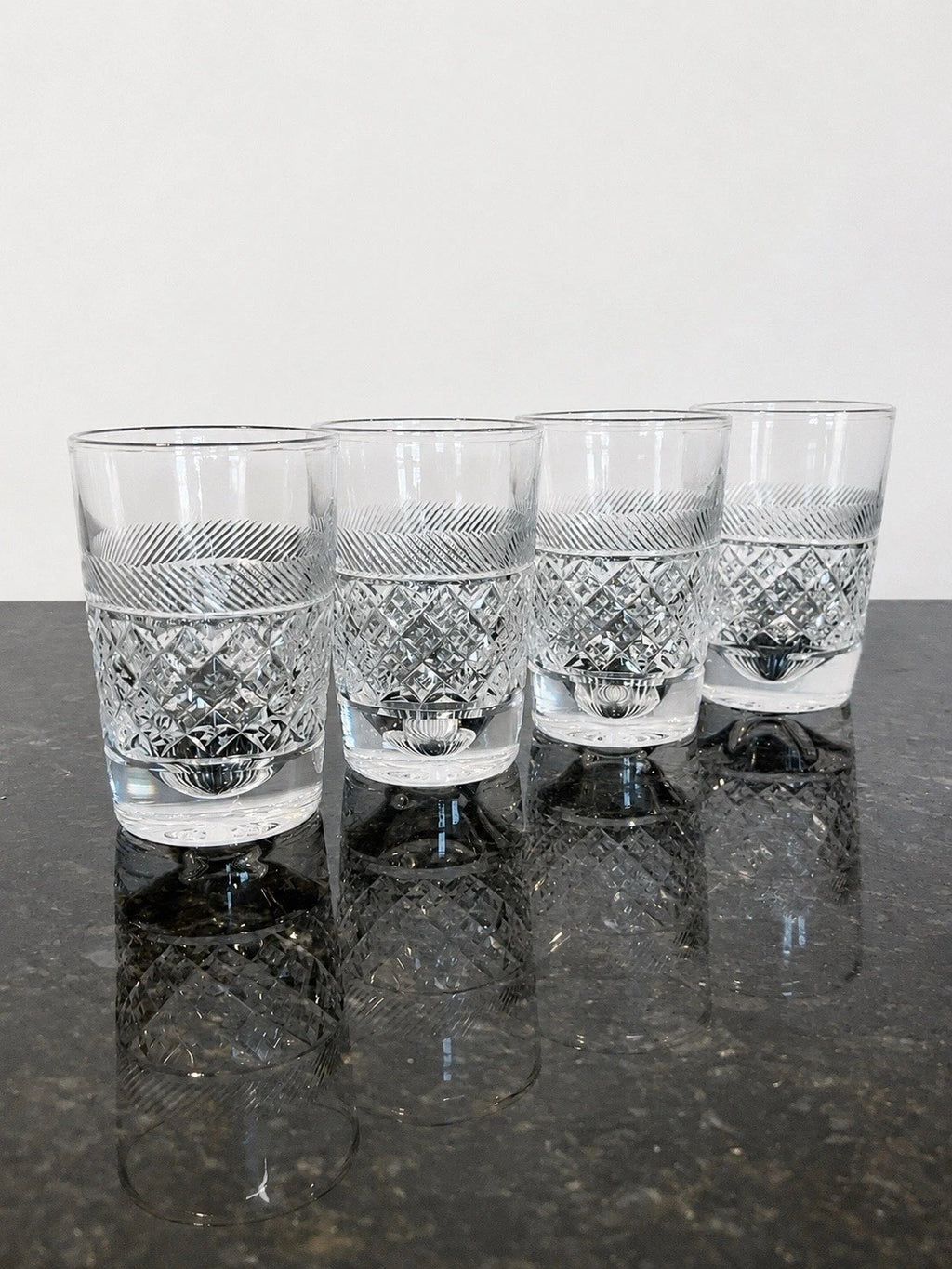 Set of four Tudor Crystal Holbein whisky tumblers, full view