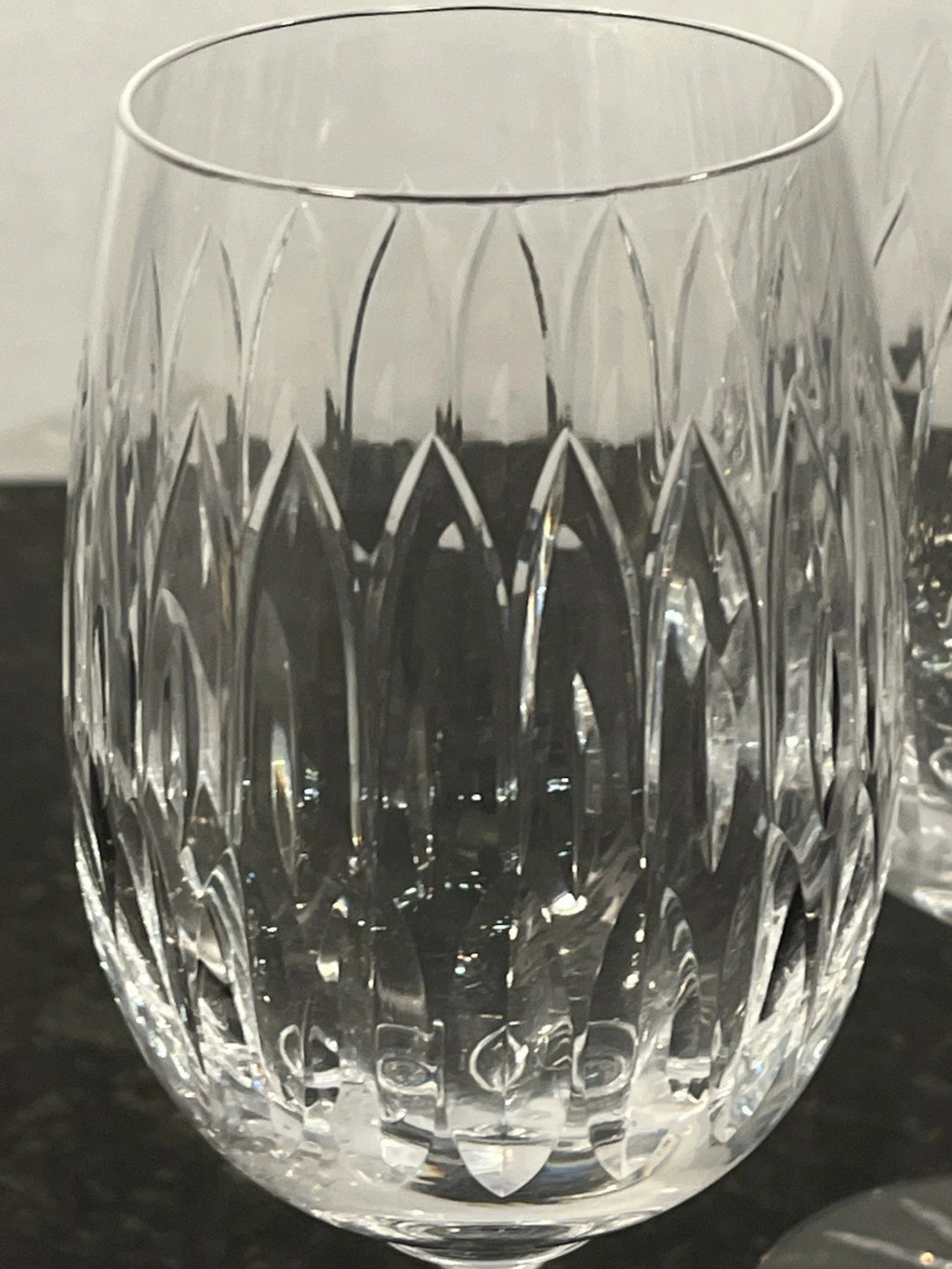 Close view of cut crystal on a Webb Corbett water goblet