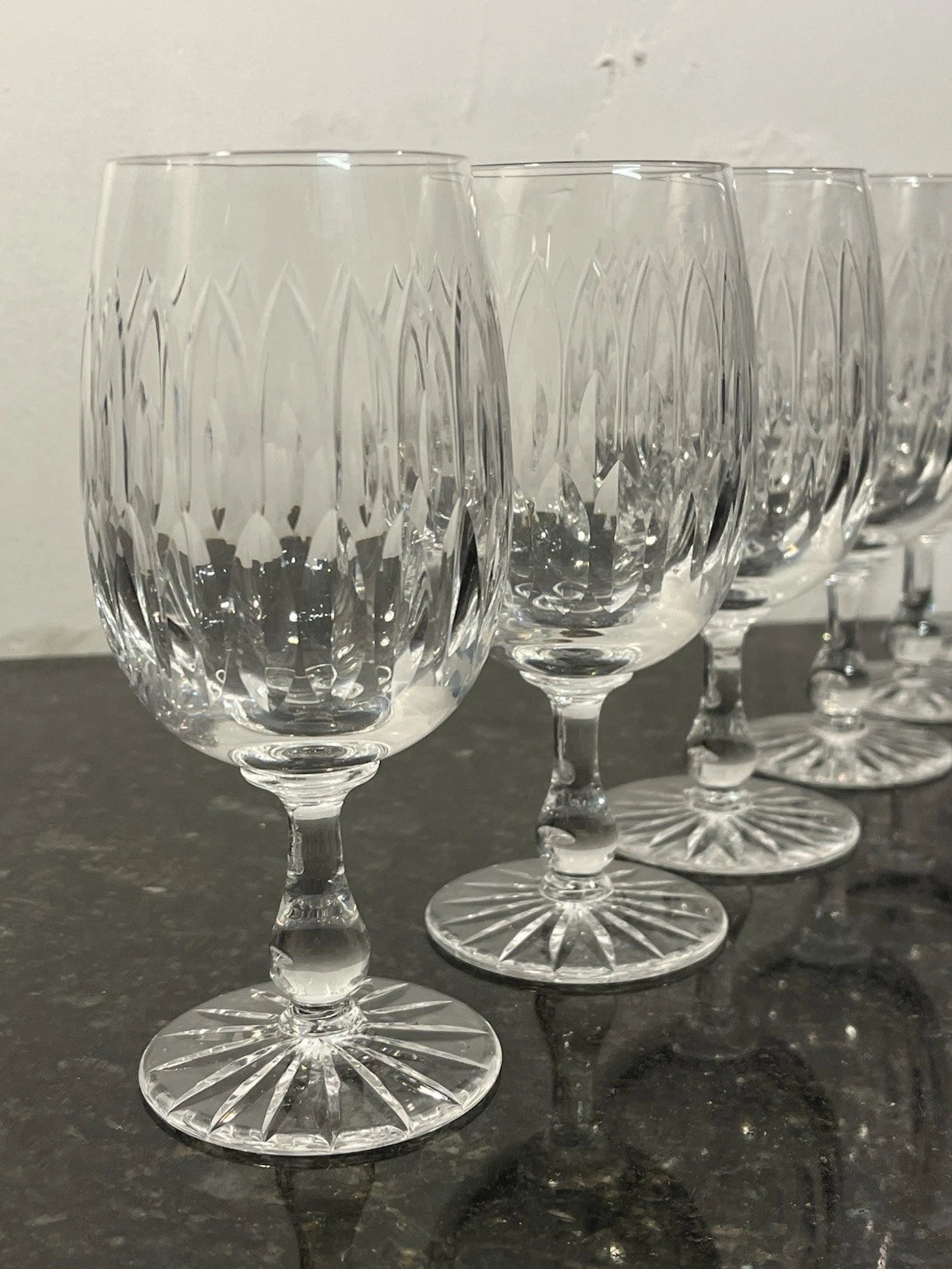 Angled view of the six crystal water goblets