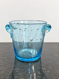 Signed blue Biot bubble glass ice bucket with two handles, full view
