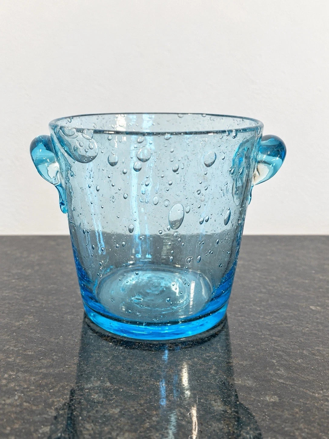Signed blue Biot bubble glass ice bucket with two handles, full view
