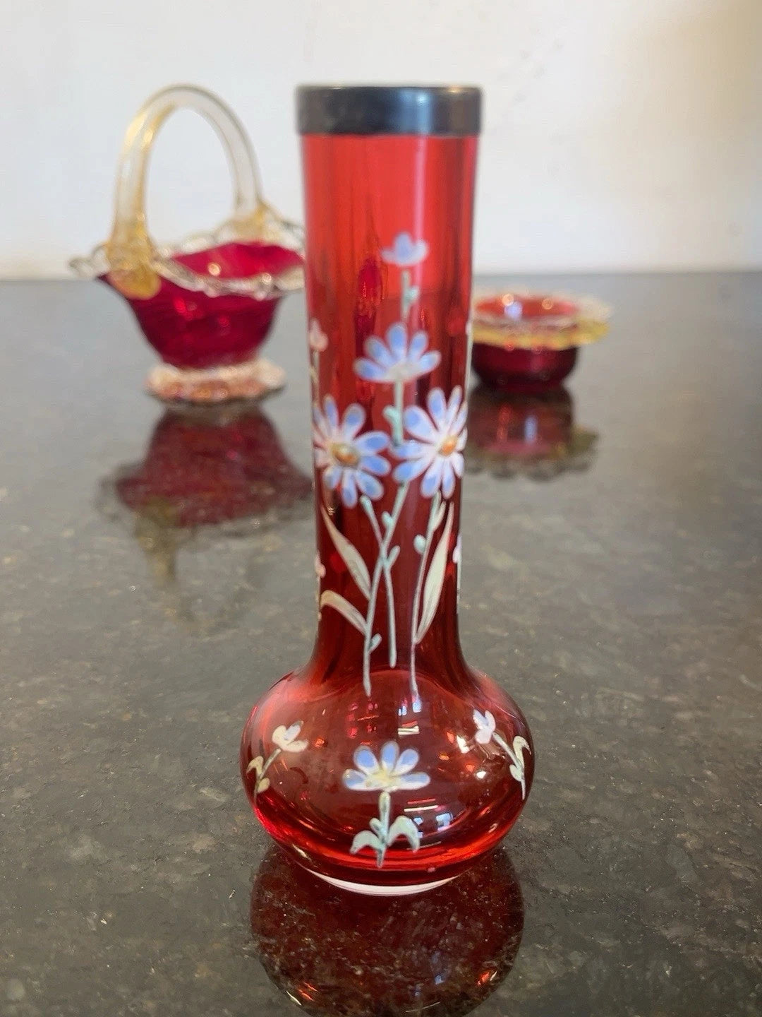 Tall floral cranberry glass bud vase from the trio