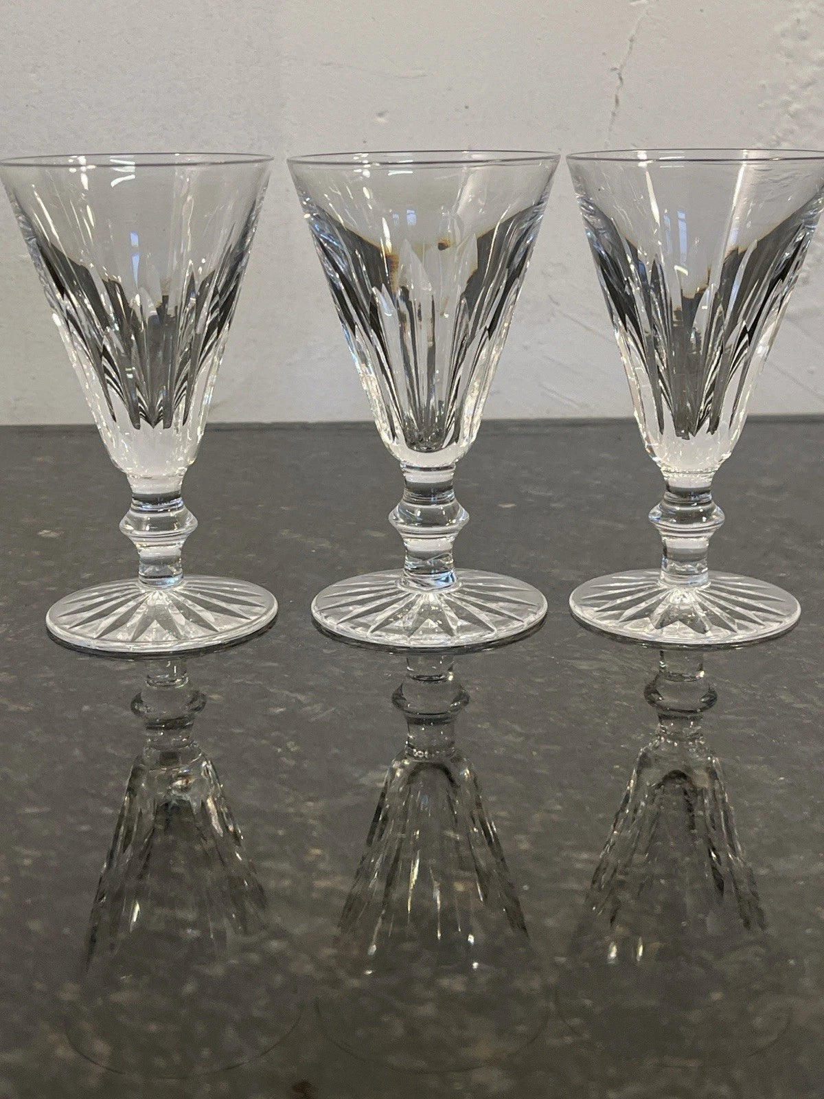 Three Waterford Eileen crystal sherry glasses shown together