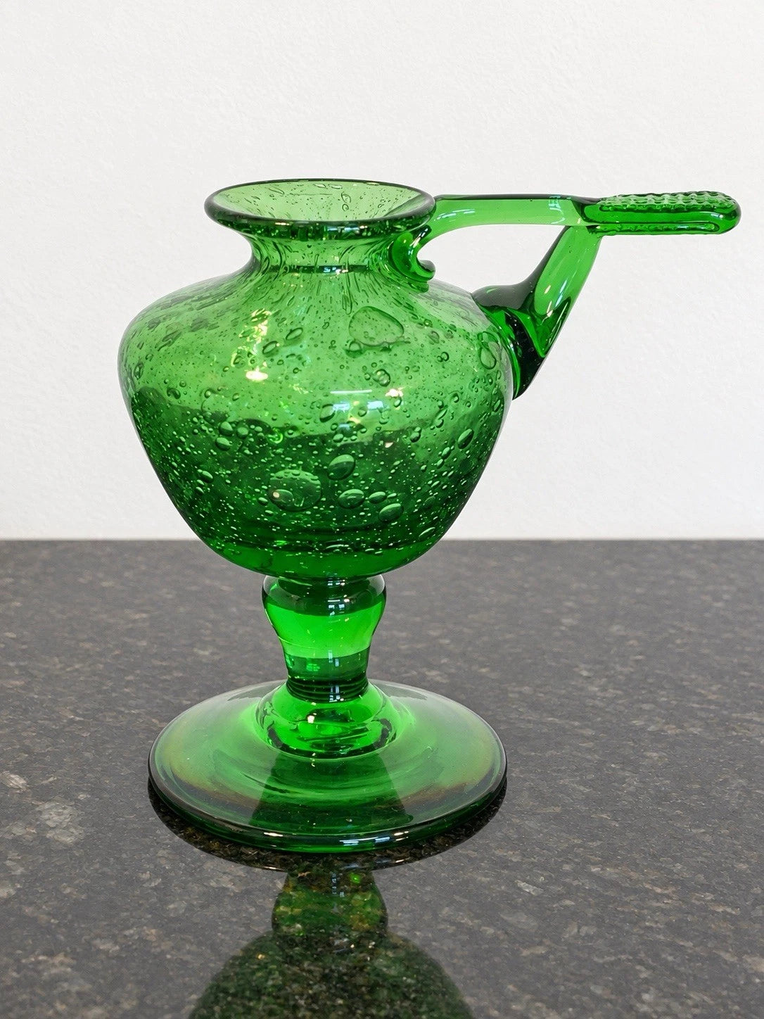 Biot green bubble glass oil lamp, full view
