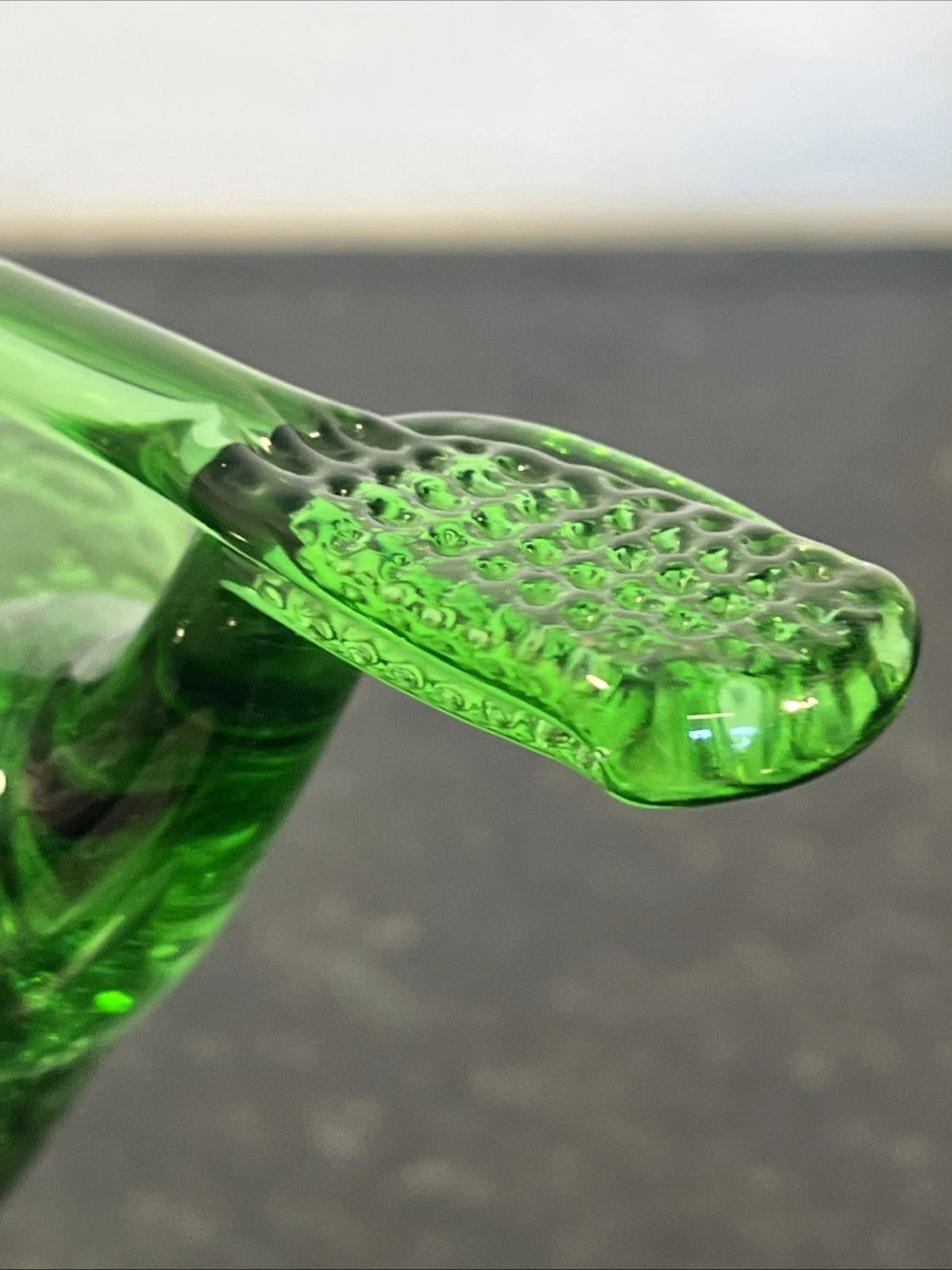 Biot green bubble oil lamp, base and glass detail
