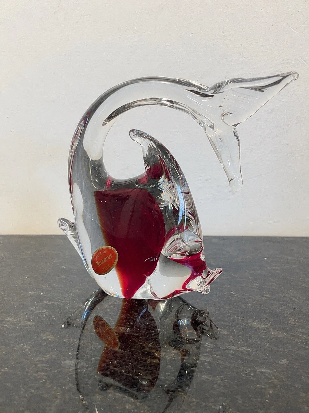 Murano glass fish figurine in ruby red and clear, full view