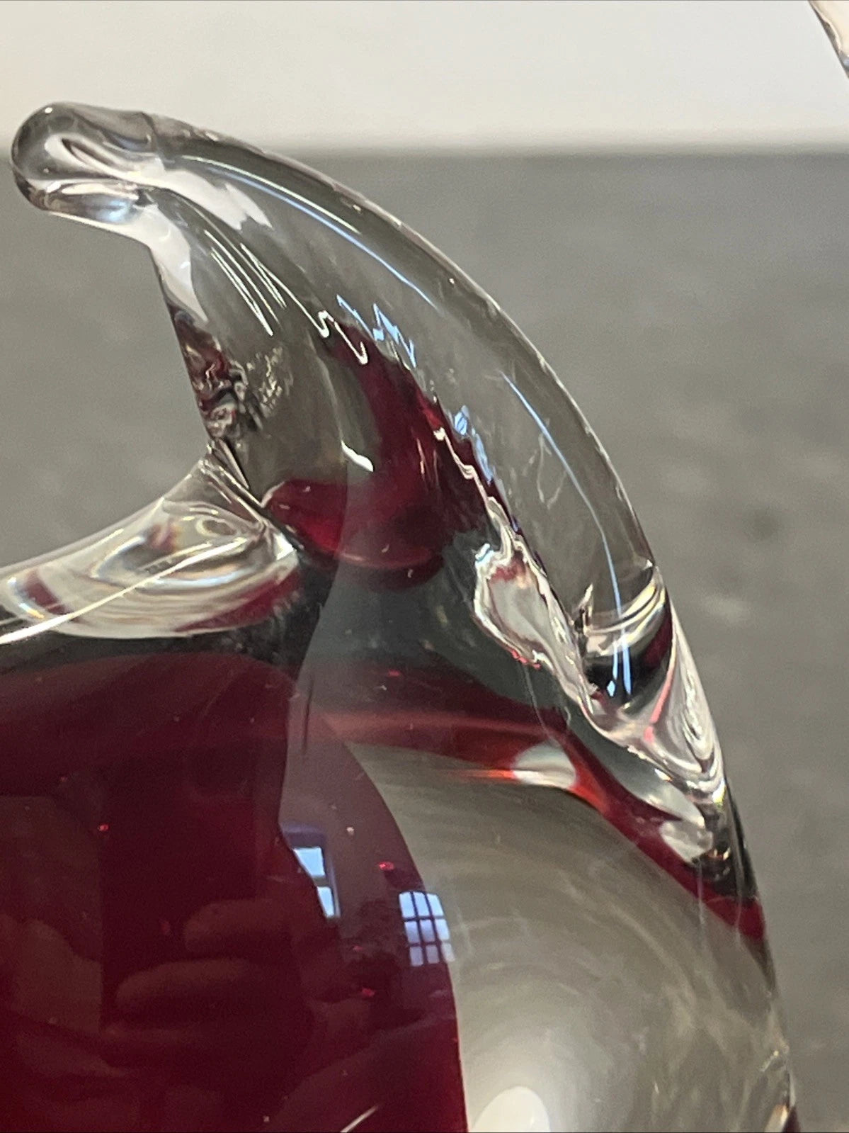 Ruby red cased glass fish, side detail