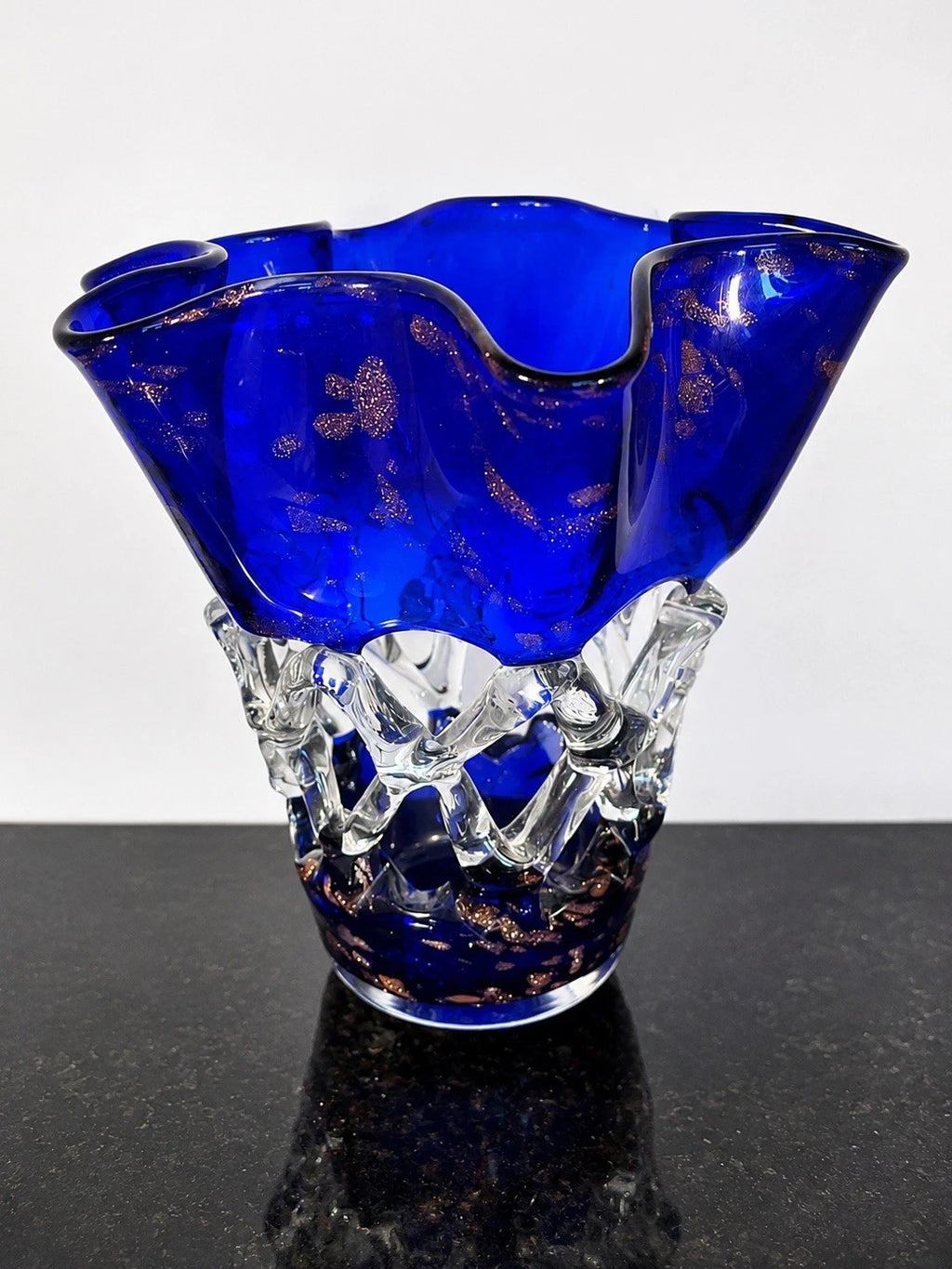 Cobalt blue aventurine studio art glass vase, full view