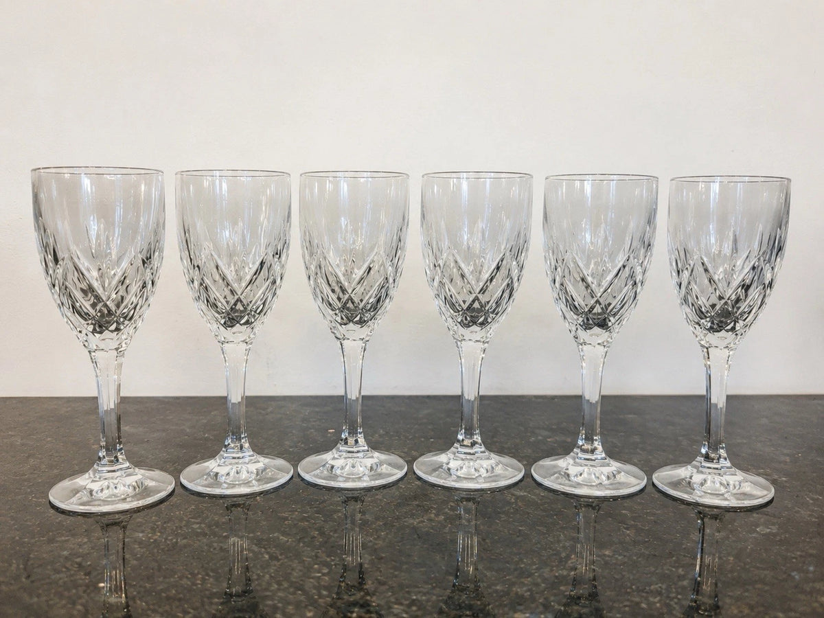Six clear cut crystal wine goblets, full set