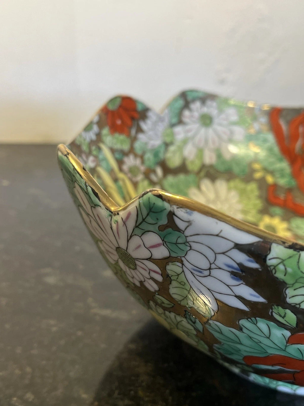 Millefleur porcelain bowl, alternate view of floral decoration