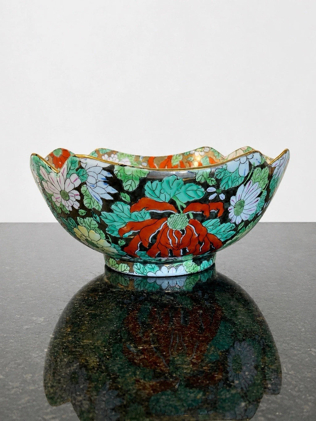 Chinese famille noire millefleur porcelain bowl, full view