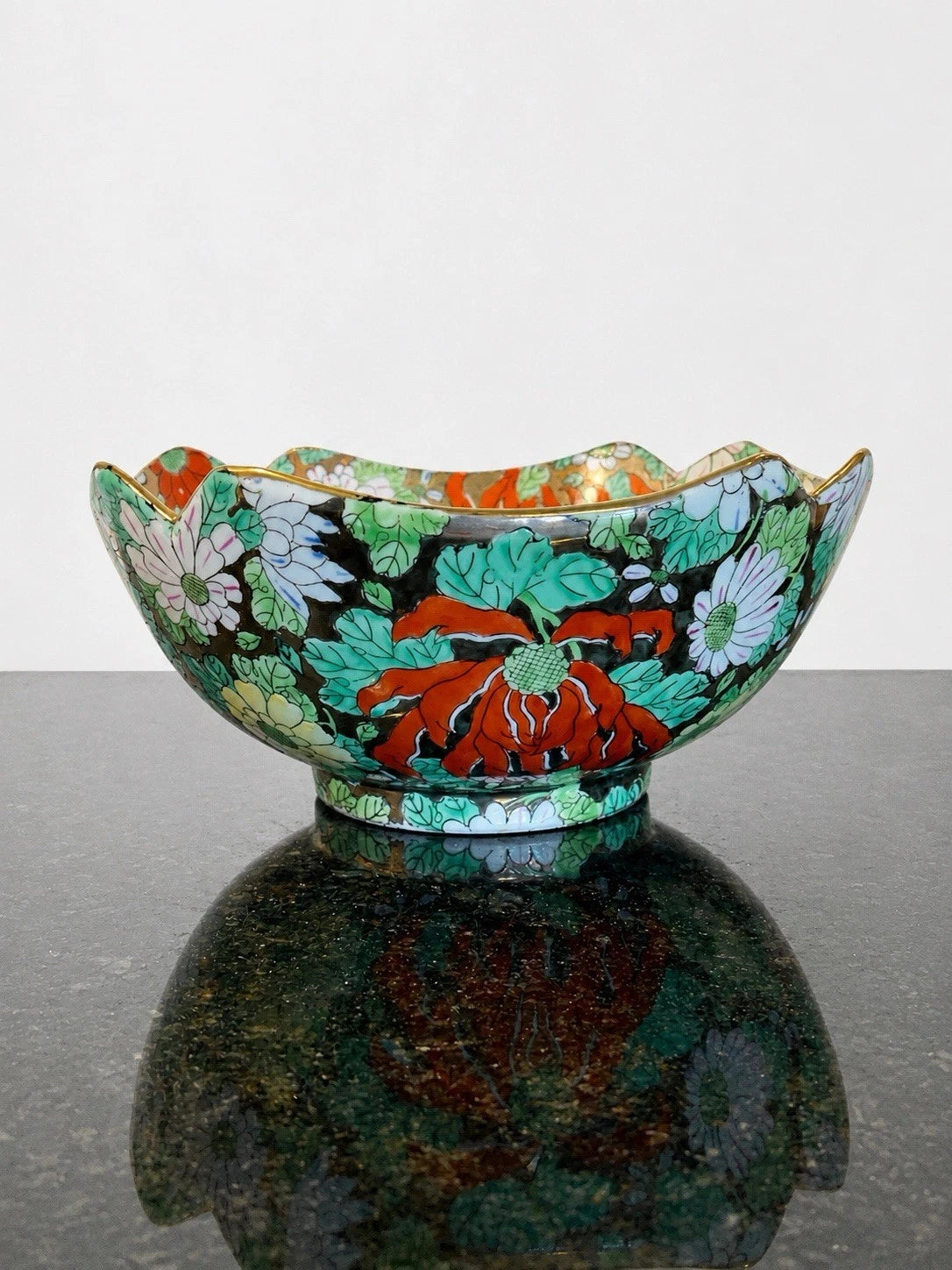 Chinese famille noire millefleur porcelain bowl, full view