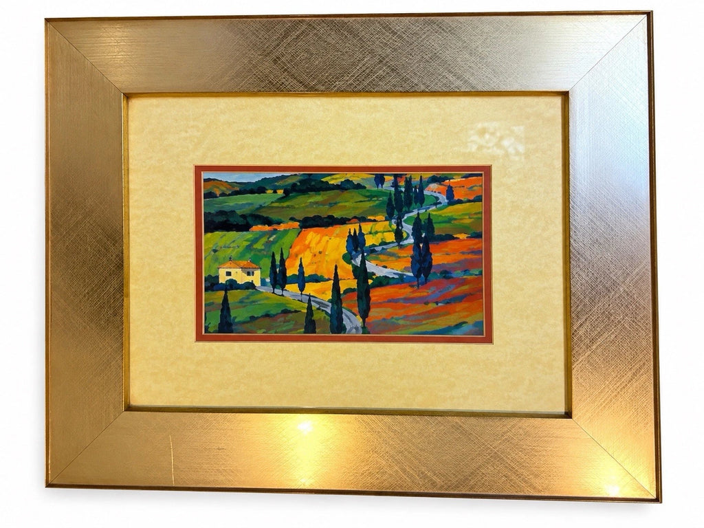 Colourful framed Tuscan countryside landscape print, full view
