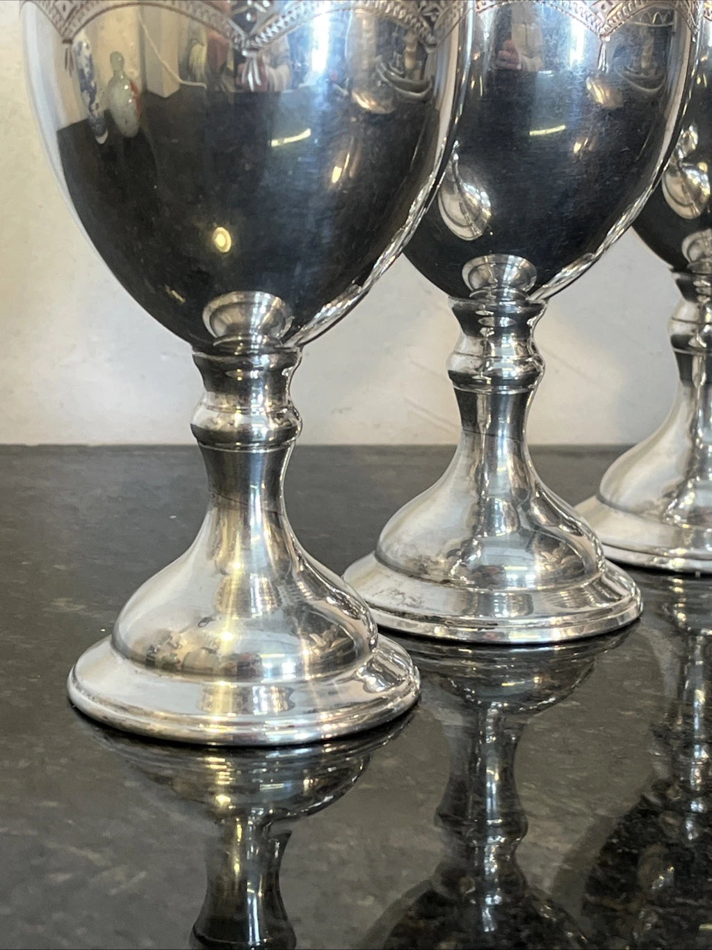 Masonic ceremonial goblets, close-up of engraved bowl and gilt interior