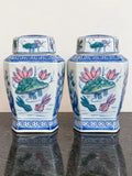 Pair of Chinese porcelain ginger jars with lotus and fish, full view
