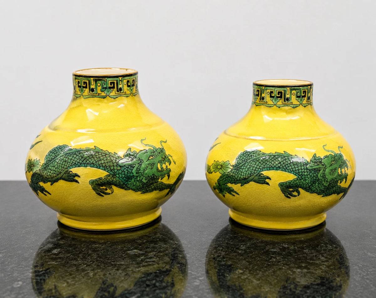 Pair of yellow Wilton Ware dragon vases, full view