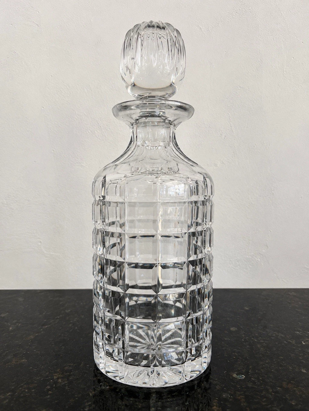 Full view of clear Art Deco style cut crystal decanter