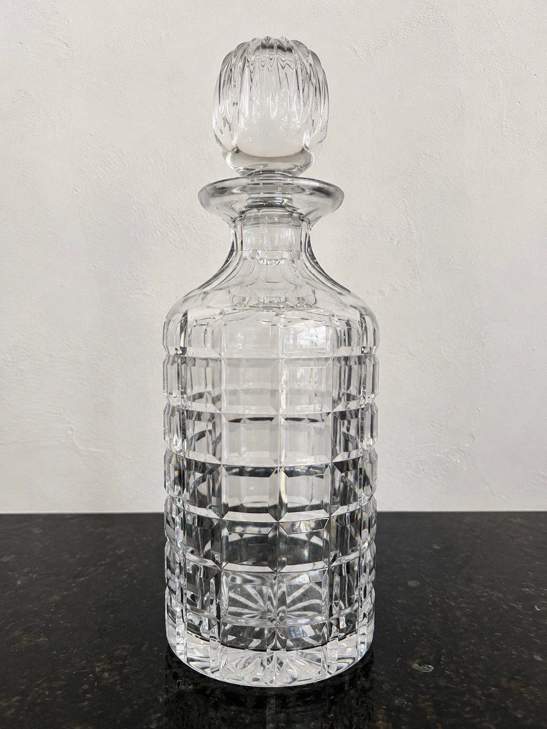 Full view of clear Art Deco style cut crystal decanter