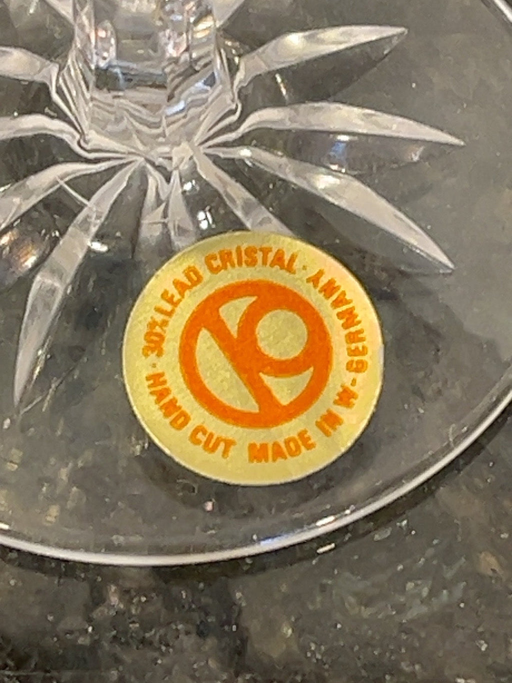 Close-up of original Hand Cut Lead Crystal Made in W Germany sticker on cordial glass
